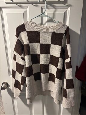 Checkerboard Crewneck Sweater in Brown and Cream